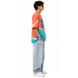 Camiseta de Manga Corta Oversize para Hombre Cool Boy, Diseño Casual con Estampado en Contraste Naranja y Azul, Cuello Redondo, Tejido con Relieve - Product Image 6
