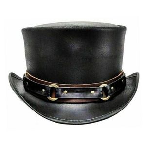 handmade black cow leather fedora hat with a braided hatband black leather top hat inspired by Slash, featuring Hat - Product Image 4