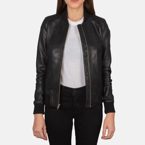 Chaqueta Bomber de Cuero Genuino Negro para Mujer, con Cierre y Cuello Alto, para Otoño - Product Image 3