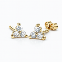 Pendientes de Diamantes Naturales Redondos de 0.14 CTW, Color F-G, Oro de 14K, Claridad SI, Tres Piedras, Pequeños y Elegantes, Joyería Fina para Mujer