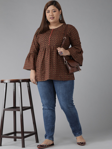 Women's <b>Plus</b> <b>Size</b> Cotton Geometrical Printed Regular A LINE Kurti Round Neck Flared Sleeve Black Casual Ethnic Wear Wholesale - Product Image 1