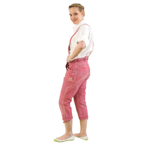 Shorts en cuir suédé rose bavarois pour femmes, sous le genou, avec bretelles, taille haute, motif floral brodé, style vintage - Product Image 2