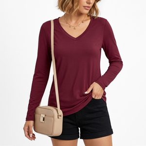 Blusa de Mujer con Cuello en V, Color Sólido, Informal, Transpirable, Corte Regular, para Todas las Temporadas, Manga Larga - Product Image 1