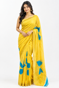 Sari Amarillo de Algodón Estampado, Largo hasta el Suelo, Sin Arrugas, que Absorbe la Humedad, con Borde en Contraste Azul, Estilo Banarasi, para Uso Casual - Product Image 3