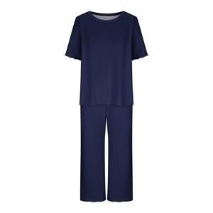 Conjunto de Pijamas de Punto para Mujer, Manga Corta, Cuello Redondo, Color Sólido, Largo hasta la Rodilla, Cintura Elástica, Ropa de Dormir Informal, Ecológica y Transpirable - Product Image 1