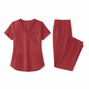 Ensemble de blouses médicales Hawkeye pour femmes, haut rouge à col en V et pantalon, uniformes d'hôpital avec poches, tissu polyester tissé - Product Image 1