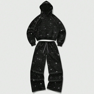 ชุดวอร์มประดับเพชรลาย Starry Night จาก SHY SPORTS แบบขายส่ง เสื้อฮู้ดครอปสีดำวิบวับสั่งทำพิเศษ กางเกงจ็อกเกอร์ขายาวทรงหลวมสำหรับทุกเพศ - Product Image 1