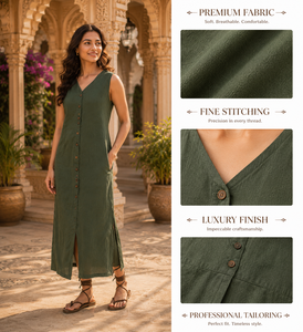Vestido Midi Verde con Cuello Cuadrado y Mangas Abullonadas, Botones al Frente, Abertura Lateral, Estilo Bohemio, 100% Lino, Transpirable, Ecológico, Sencillo - Product Image 5