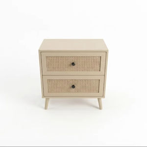 Table d'appoint moderne et écologique à 2 tiroirs, 5+ compartiments, en bois d'hévéa, MDF, placage de chêne et détails en rotin. Table de rangement pour salon - Product Image 1