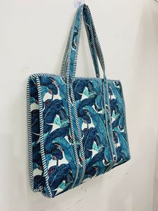 Blue Tropical Leaf Print Quilted Cotton <b>Boho</b> Style Drawstring Closure Large Tote <b>Bag</b> Women Handmade Reusable Shopping Shoulder - Product Image 1