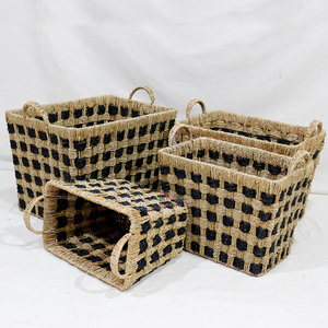 Paniers de rangement en jonc de mer rectangulaires style rustique avec poignées, motif à carreaux noir naturel pour l'organisation de la buanderie - Product Image 4