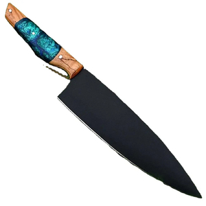 Couteau de chef Burraq personnalisé fait main en acier carbone, lame de 8 pouces, épaisseur de 3,0 mm, manche en bois, étui en cuir, garde au sec - Product Image 1