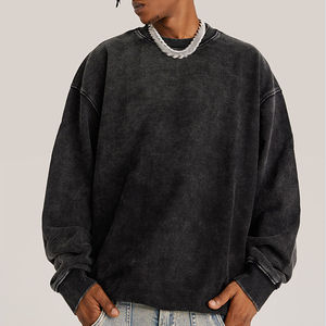Oversized Crew Neck Sweatshirt <b>Men</b> 100% Cotton Knitted Washed Solid Black <b>Pullover</b> Regular Fit Autumn Streetwear Style - Product Image 5