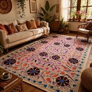 Couvre-lit en coton Suzani fait main de qualité supérieure, beige, rose, orange, broderie florale, style indien bohème, artisanat ethnique, décoration d'intérieur - Product Image 1