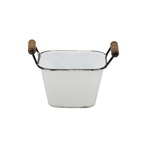 White Rectangle Metal Storage <b>Basket</b> With Wooden Handles Rustic Style Multi-Purpose Organizer - Product Image 3