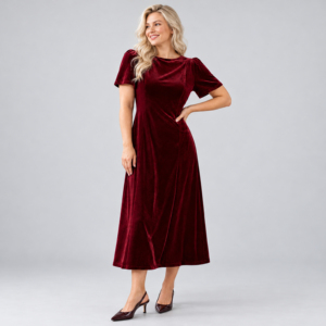 <b>Burgundy</b> <b>Velvet</b> Midi <b>Dress</b> Women Scoop Neck Short Sleeve A-Line Vintage Elegant Solid Party <b>Dress</b> - Product Image 3