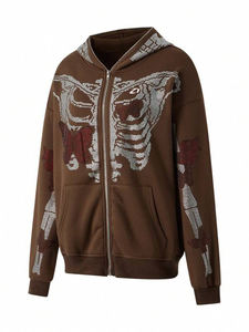 Sudadera con capucha de algodón polar marrón con cremallera completa y diamantes de imitación, estilo esqueleto, para hombre, con logotipo personalizado, fabricación estilo vintage - Product Image 3