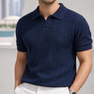 Men's Black <b>Waffle</b> Fabric Knitted for <b>Shirt</b> Short Sleeve Solid Color Smart Casual Breathable Turn Collar Regular Fit Back Neck - Product Image 4