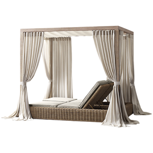 Lit de repos d'extérieur en teck de qualité supérieure, tressé à la main en rotin, double chaise longue avec rideaux, mobilier personnalisé pour hôtels, villas et complexes hôteliers - Product Image 5
