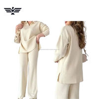 Conjunto de 2 Piezas para Mujer, Top de Manga Larga con Cuello en V y Pantalones Anchos, Estilo Casual Otoñal, Corte Holgado, Color Sólido, Tejido de Punto