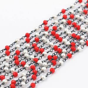 Chaîne perlée de style chapelet en corail rouge et perles, finition artisanale de qualité supérieure, avec chaîne de bijoux plaquée argent, pour travaux manuels, export en gros - Product Image 1