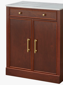 Meuble console de cuisine de luxe personnalisé avec plateau en faux marbre, buffet bar à vin en bois foncé, coffre de rangement pour salon et salle à manger - Product Image 5