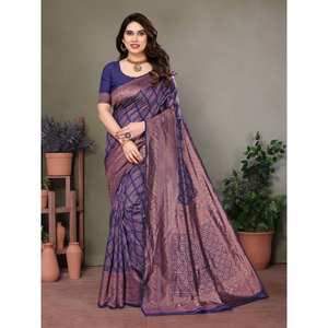 DISEÑADOR LITCHI SEDA JACQUARD TRABAJO SAREE CON BLUSA SIN COSTAR VIOLETA - Product Image 1