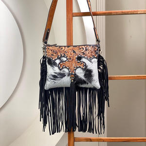 2025 mode cuir repoussé Western Cowgirl frange sac à bandoulière pour femmes cheveux sur cuir de vachette Floral épaule sac à main - Product Image 4