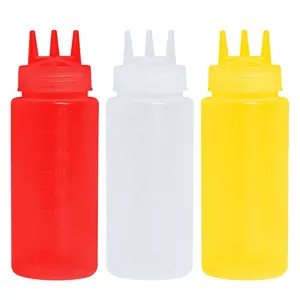 Leverancier Van Condiment Dispenser 3 Gaten Sausflessen 350Ml/450Ml/650Ml/800Ml Squeeze Food Grade Honing Plastic Knijpfles