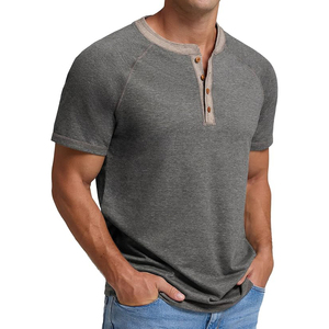 Casual Men T <b>Shirt</b> Short Sleeve Button Placket Raglan Contrast Stitching Cotton Summer Tee - Product Image 5