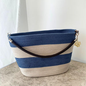 Bolso de Mano Hecho a Mano de Cuerda de Algodón Suave, Azul Beige a Rayas, Tejido, Impermeable, para Playa o Mercado, de Gran Capacidad - Product Image 1