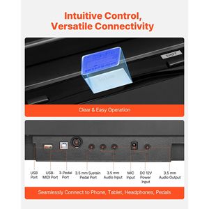 Piano numérique 88 touches lestées avec double clavier, haut-parleurs, support en X, pédale de sustain et fonction d'enregistrement – Confort optimal - Product Image 6