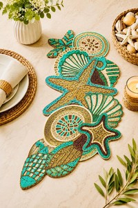 Handmade Bohemian <b>Table</b> <b>Runner</b> Irregular Shape Bamboo Mats With Shell Starfish Design Decorative Placemat - Product Image 2