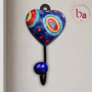 Beads Art Handmade Ceramic Heart Wall Mounted Multifunction Blue Multicolor Pattern Novelty Decorative <b>Single</b> <b>Hook</b> - Product Image 3