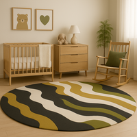 Tapis tufté à la main, motifs superposés vert clair et vert foncé, crème, forme arrondie, design unique pour salon