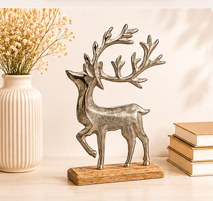 Luxury Antique Silver Reindeer Sculpture with Wooden Base Handcrafted Aluminum <b>Christmas</b> Deer Figurine For Festive Home Tabletop - Product Image 2