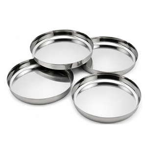 Assiettes Rondes en Acier Inoxydable, Lot de 4, Métal Argenté Poli, Modernes, Compatibles Lave-Vaisselle, pour Service et Présentation - Product Image 1