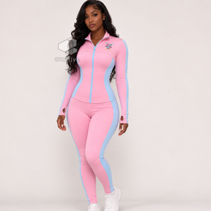 Gamma Phi Delta Women's <b>Pink</b> Workout Set With Light Blue Contrast Side Panels Full Zip Jacket High Waist <b>Leggings</b> Activewear Set - Product Image 6