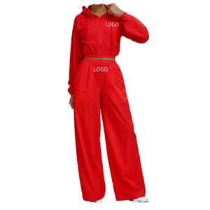 Women's Cream Hooded <b>Zip</b>-<b>Up</b> <b>Crop</b> Top & Wide Leg Pants Set Loose Fit Solid Color Front Logo Casual Outfit - Product Image 3
