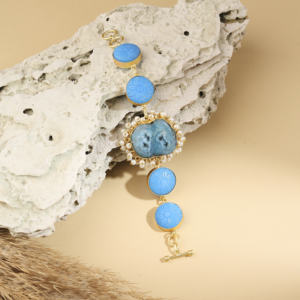 Luxury Blue Druzy & Carved <b>Stone</b> Statement <b>Bracelet</b> – Gold Plated Pearl Designer Handcrafted Jewelry - Product Image 1