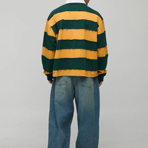 Customized Plus Size <b>Men's</b> <b>Long</b> <b>Sleeve</b> Knitted <b>Polo</b> <b>Shirt</b> Color Block Striped Distressed Patched Casual Green Yellow Rugby <b>Shirt</b> - Product Image 2