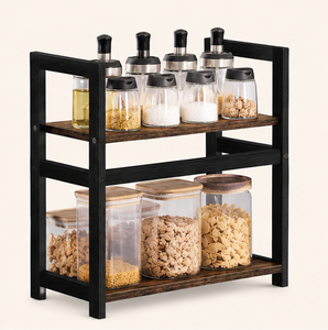 Étagère à épices rustique marron à 2 niveaux pour comptoir de cuisine, en métal et bois, support de rangement vertical pour condiments, gain de place pour bocaux - Product Image 3
