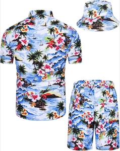 <b>Men</b> Breathable Tropical Hawaiian Shirt Shorts Set with Front Logo <b>Bucket</b> <b>Hat</b> Printed Floral Summer Beachwear Casual Outfit - Product Image 4