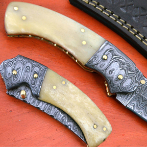 Cuchillo de Caza Imperial de Acero de Damasco, Hoja de Punta Caída, Mango de Marfil con Funda de Cuero - Product Image 3