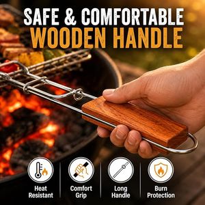 Mild Steel Portable Barbecue <b>BBQ</b> Grill Net Basket Roast Grilling <b>Tray</b> Plated with Wooden Handle for Barbecue, Roasting, Camping - Product Image 4