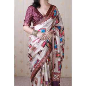 Sari de Seda Tussar con Estampado de Figuras Kalamkari, Color Granate, con Borde Tejido con Hilo Zari, Tejidos de Primera Calidad, 450g - Product Image 5