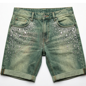 Pantalones Cortos de Mezclilla Desgastados para Hombre con Decoración de Diamantes de Imitación, Cintura Media, Estilo Casual de Verano, Fabricación de Ropa al por Mayor - Product Image 1