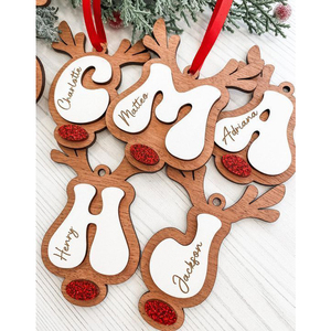 Personalized Wooden Reindeer Christmas Ornament Custom Name Decor <b>Red</b> <b>Glitter</b> Nose - Product Image 1