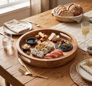 Bandeja Redonda Premium de Madera con Asas – Platos Grandes de Madera de Acacia para Cena, Desayuno, Tabla de Charcutería y Fiestas - Product Image 5
