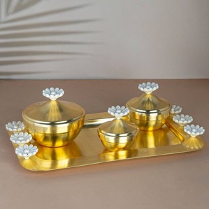 Golden Brass Incense Burner Set with Flower Decor Religious Aromatherapy Diffuser All-Season Use - Product Image 2